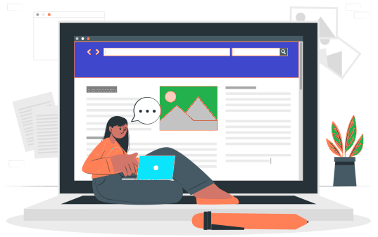 Illustration of a woman immersed in graphics design, sitting with a laptop on her lap in front of a giant computer display. The screen shows web page mockups with text and image placeholders. A pencil and a potted plant add to the creative ambiance. Illustration of a woman immersed in graphics design, sitting with a laptop on her lap in front of a giant computer display. The screen shows web page mockups with text and image placeholders. A pencil and a potted plant add to the creative ambiance.