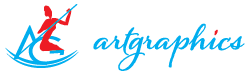 This pre-made logo design showcases a red silhouette of a person with a paintbrush, seamlessly integrated into a blue abstract swoosh. The word artgraphics is elegantly scripted in lowercase blue to the right, offering an artful and distinctive visual identity.