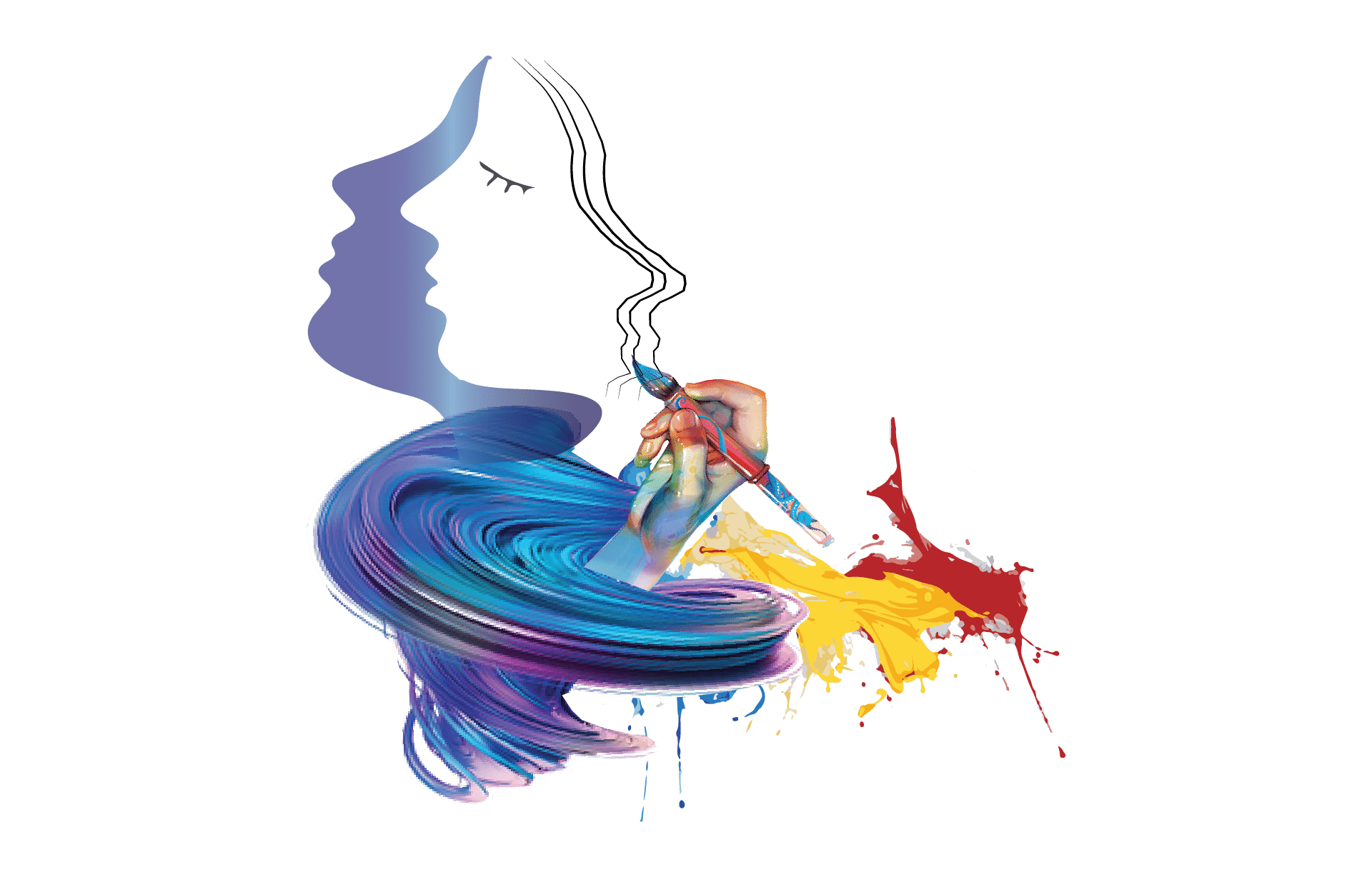 A hand holding a paintbrush is depicted, resembling a dynamic logo design, with splashes of vibrant red, yellow, and blue paint swirling upwards.